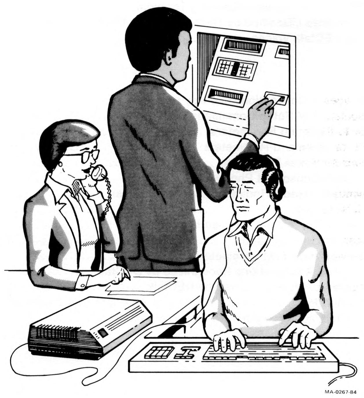 An illustration from the 1984 DECtalk manual showing three people: one interacting with a wall terminal, another making a phone call with a corded receiver, and another typing on a large keyboard connected to a screenless computer.